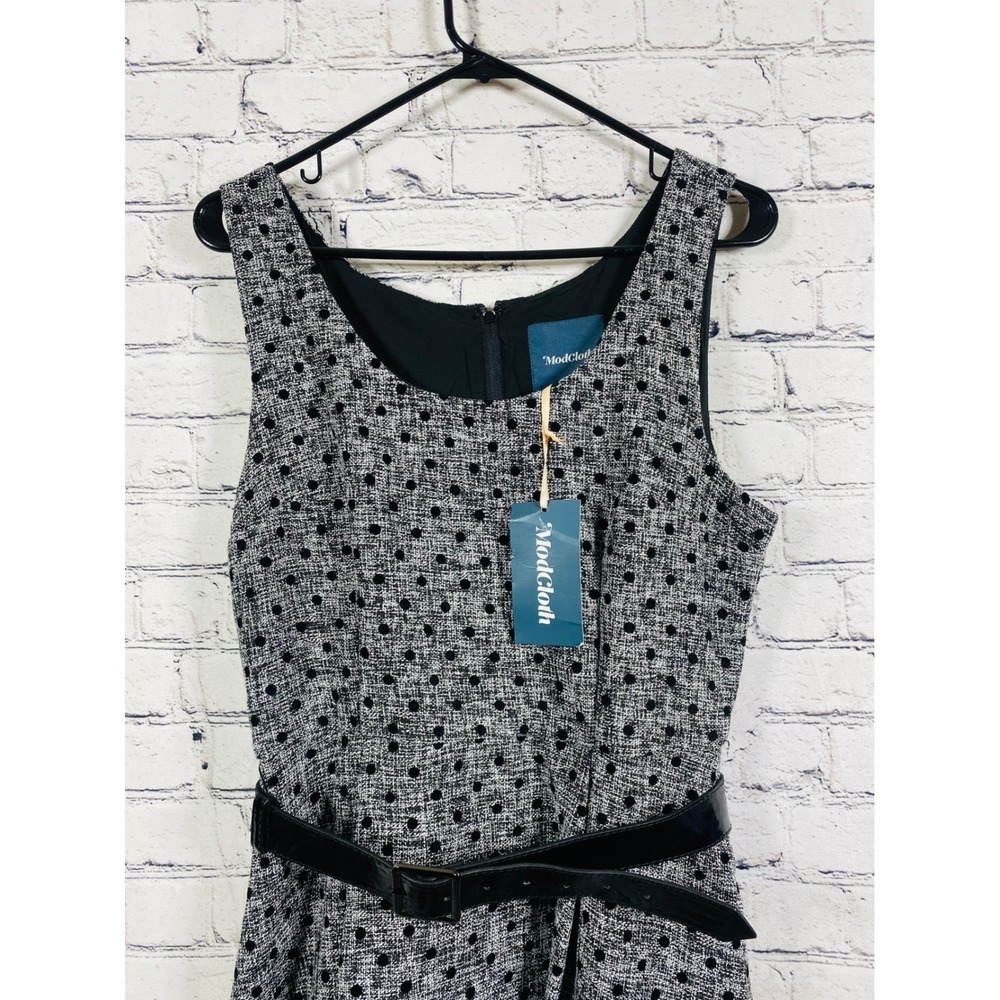 ModCloth Dress Womens 10 Fit and Flare Grey Polka Dot NWT Belted Pockets Tweed - Picture 3 of 10